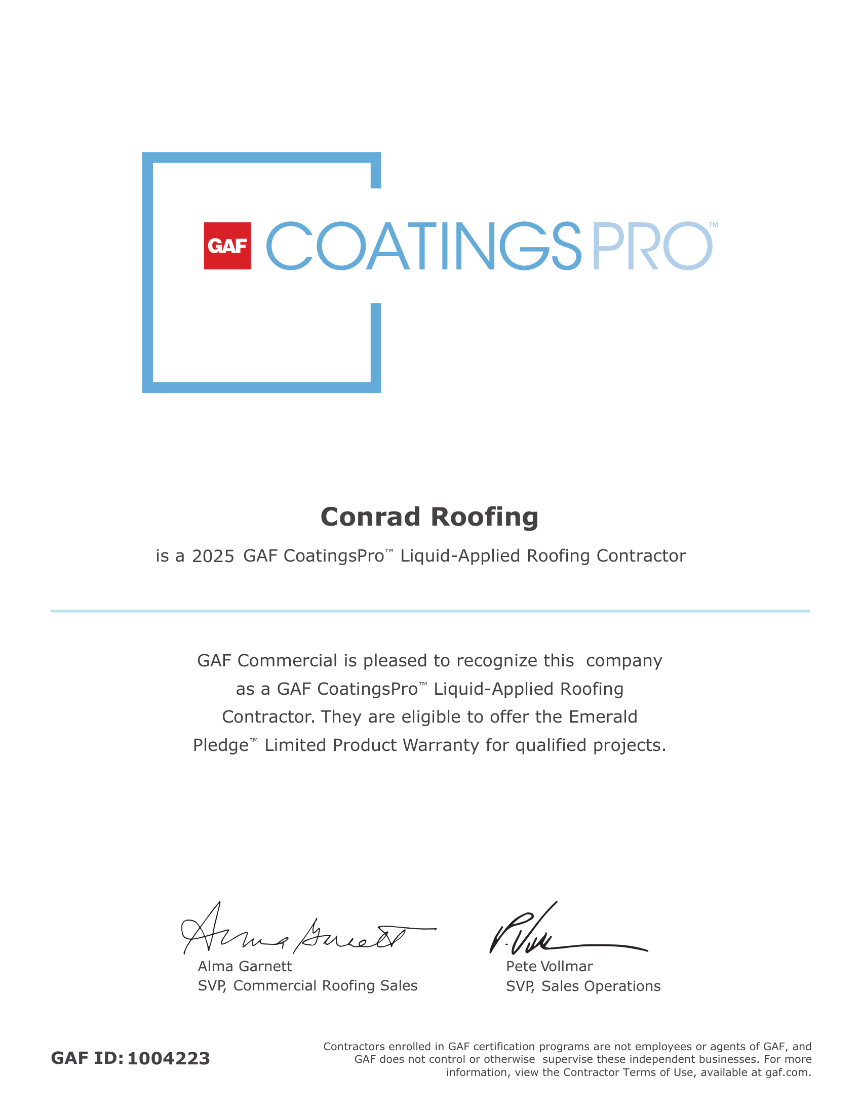 Conrad Roofing certification 1