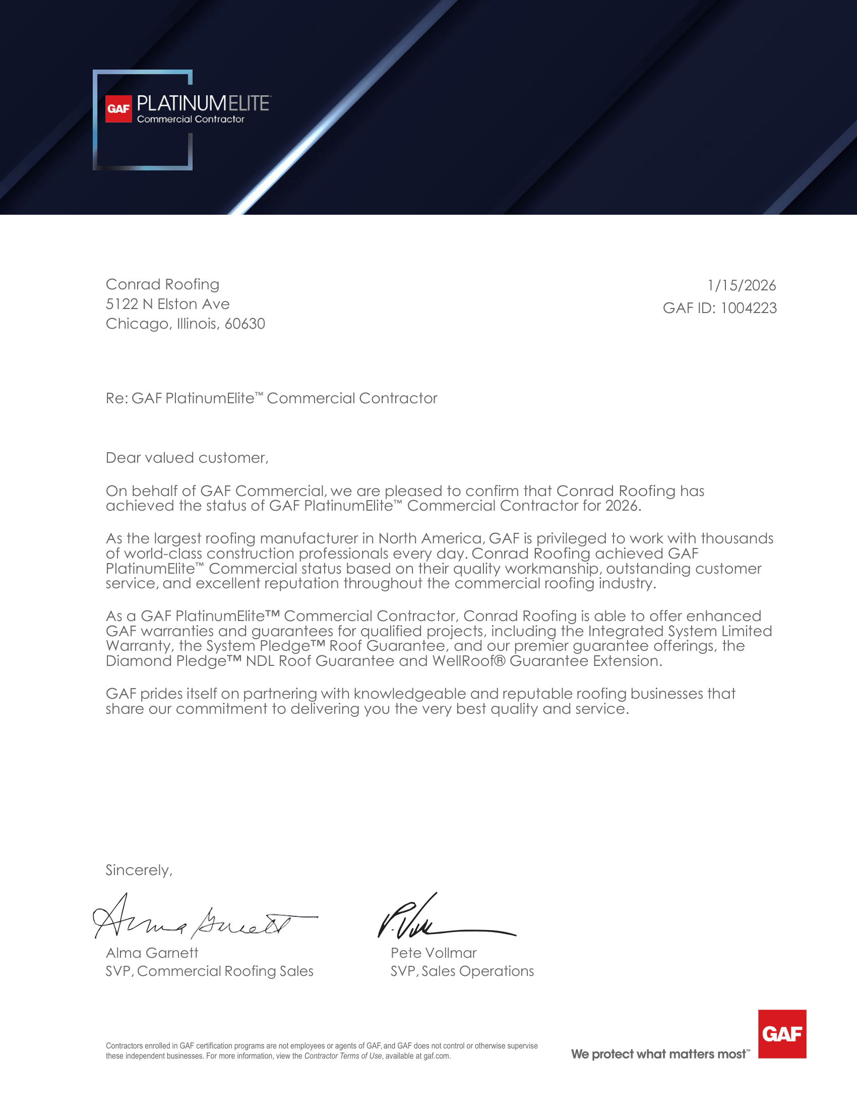Conrad Roofing certification 2
