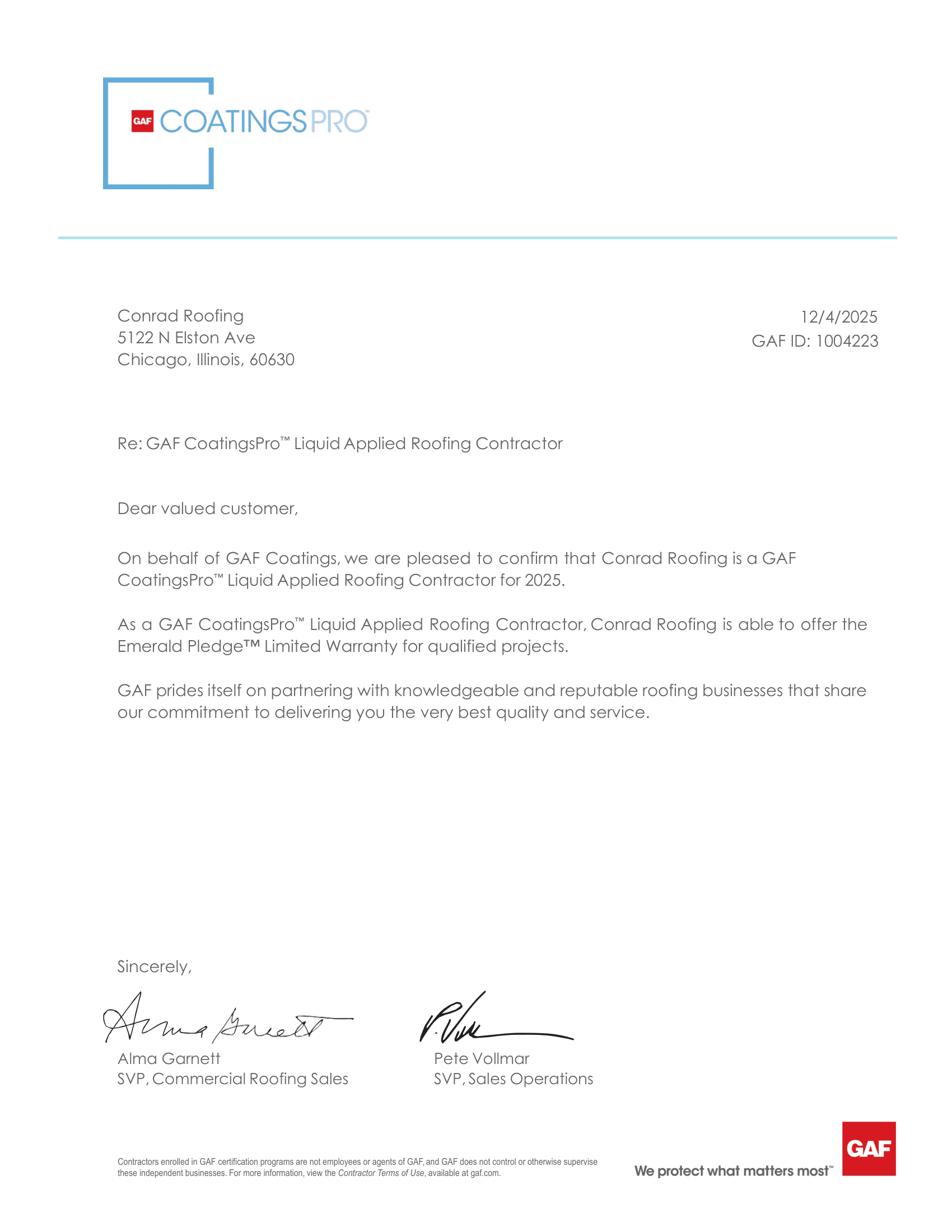 Conrad Roofing certification 3