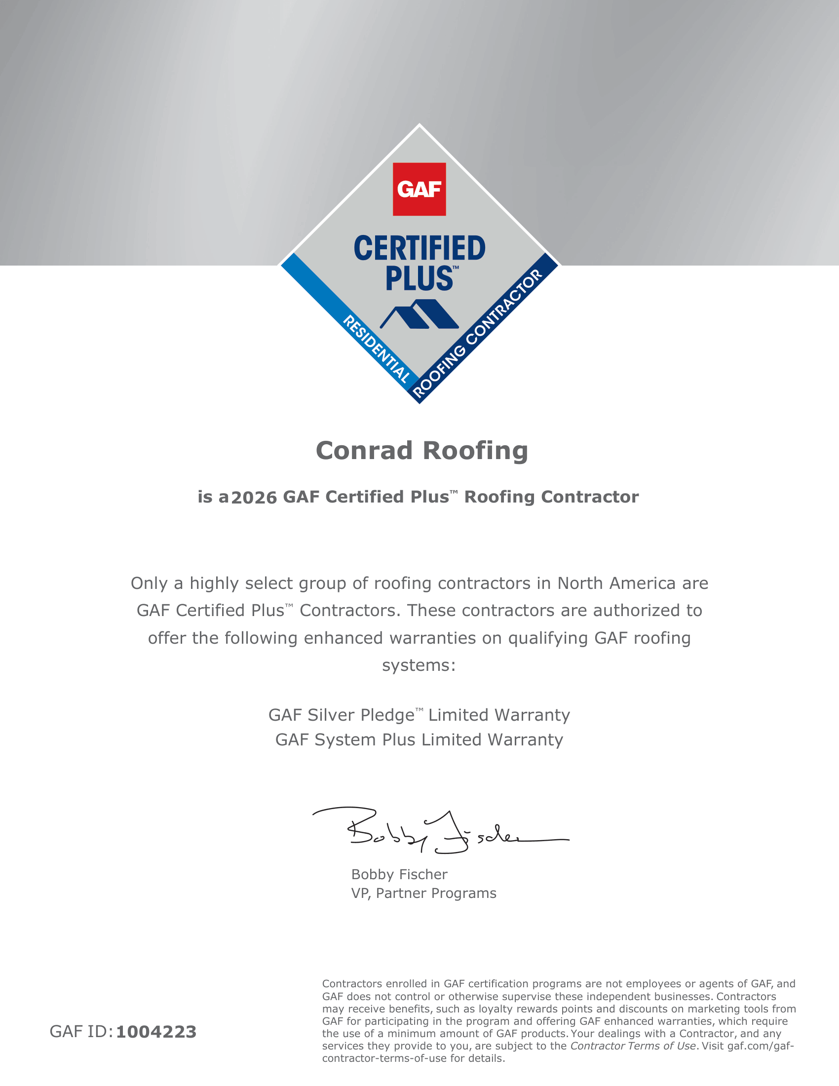 Conrad Roofing certification 4