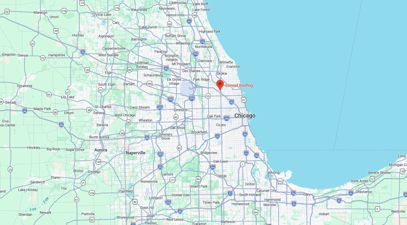 Map of Chicago and surrounding suburbs serviced by Conrad Roofing